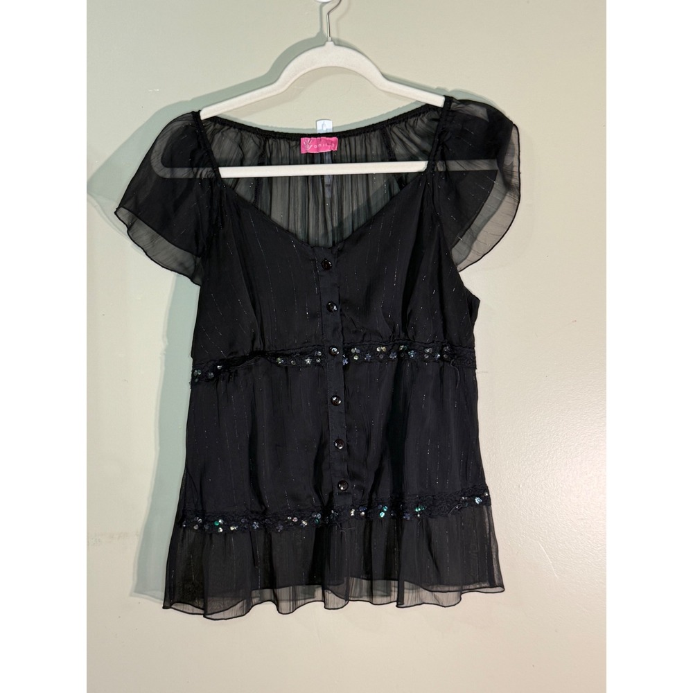 Amitie Black Sheer Flutter Sleeve Sequin Lace Empire Waist Blouse Top Y2K Fairy